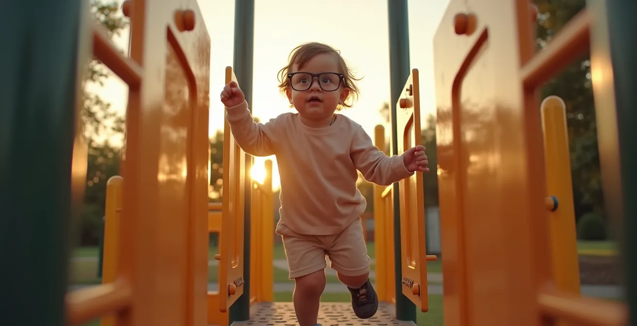Enfant actif dans un environnement de jeu extérieur avec ses lunettes bien ajustées