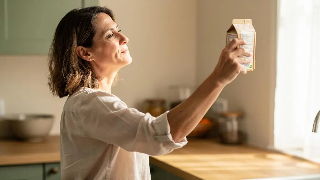 Une femme tient un emballage alimentaire à bout de bras pour tenter de lire l'étiquette dans sa cuisine.
