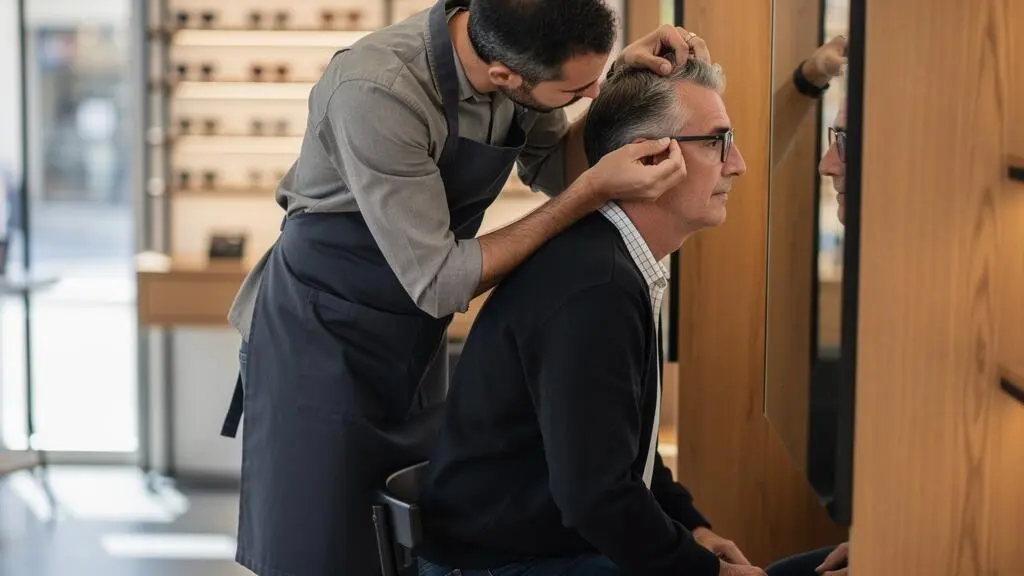 Un opticien ajuste une paire de lunettes sur le visage d'un client assis devant un miroir en boutique.