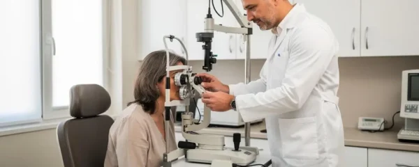 Un optométriste fait passer un examen de vue à une patiente assise derrière un réfracteur dans un cabinet.