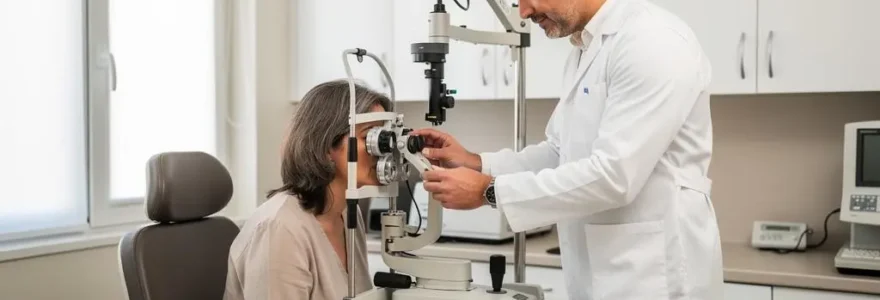 Un optométriste fait passer un examen de vue à une patiente assise derrière un réfracteur dans un cabinet.
